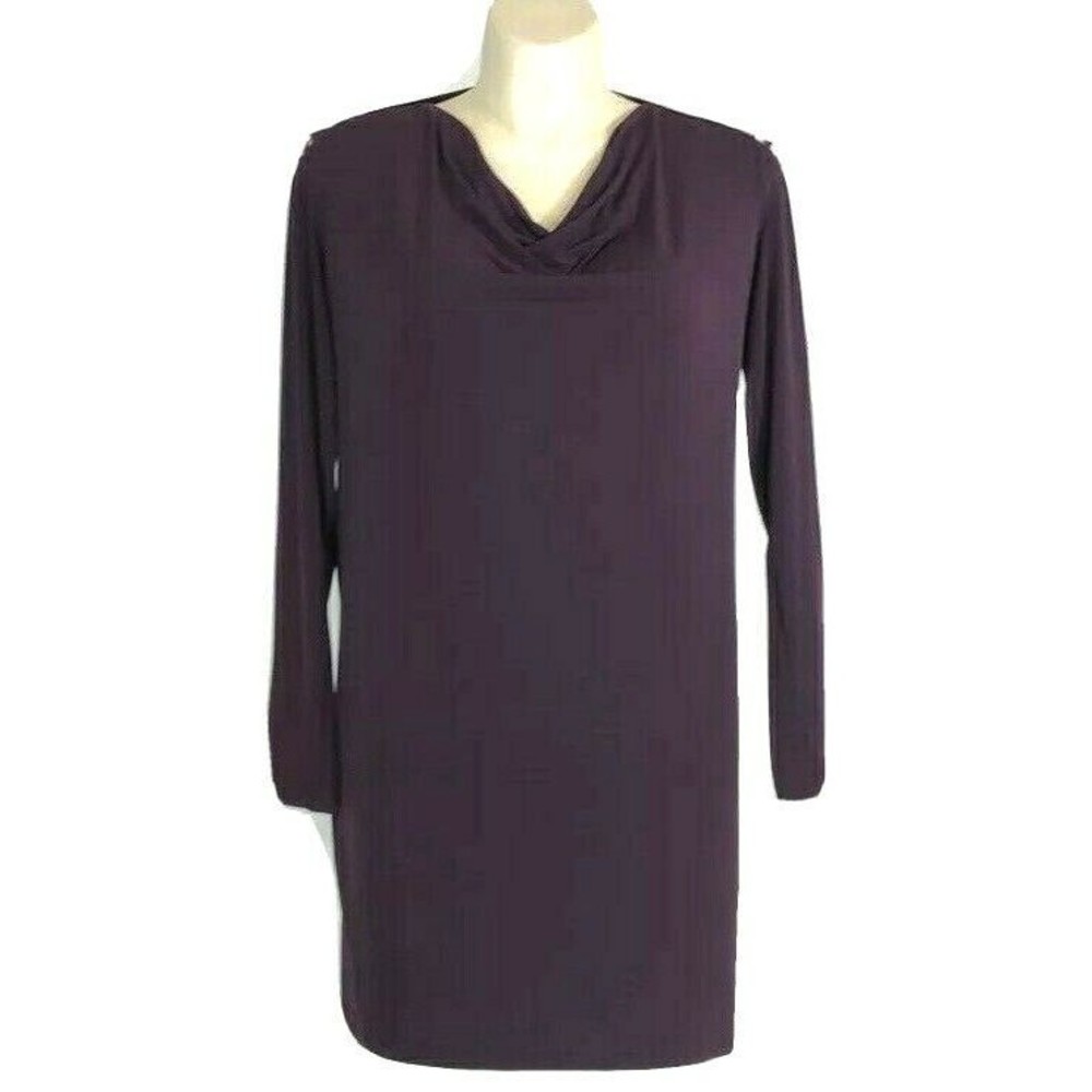 Calvin Klein 12 Dress Purple Eggplant Jersey Knit Shift Open Drape Back Long‎ Sl